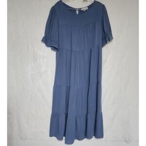 Elings Large Blue Tiered Dress Cottagecore Bohemian Flowy Modest Coastal Travel